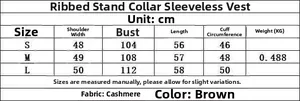 Size chart for brown rib-knit sleeveless vest top in cashmere wool showing measurements