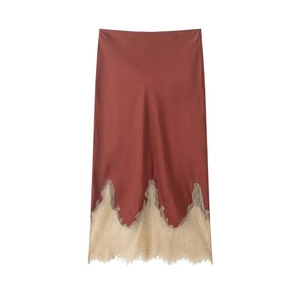 Elegant brick red satin midi skirt featuring delicate champagne lace patchwork hem