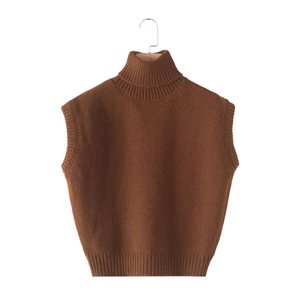 Close-up of brown sleeveless knit vest with high ribbed collar on wooden hanger