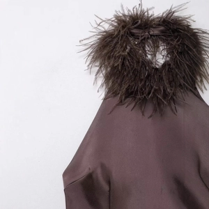 Robe dos nu en satin marron foncé avec bordure en plumes et design élégant à nouer au dos