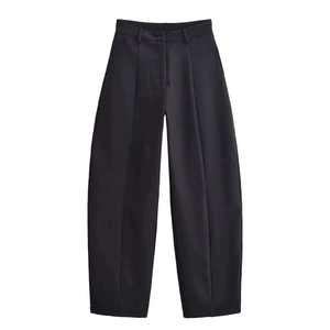 Slim fit high-waisted black wide-leg trousers with vertical front seam and belt loops