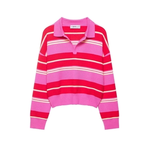 Detail of ribbed cuffs and hem on pink and yellow striped knit polo shirt