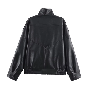Detail view of black faux leather jacket back featuring classic V-shaped stitching design