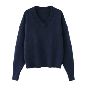 Women's casual V-neck knit sweater in navy blue with ribbed cuffs on white background