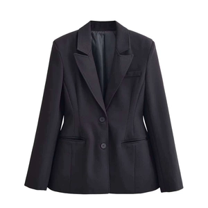 Classic slim fit black blazer for women with notched lapels and two button closure