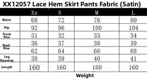 Detailed size chart for lace-hem satin skort with measurements for XS to L sizes