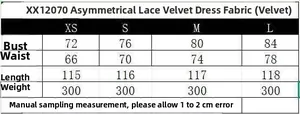 Tableau des tailles pour robe velours asymétrique avec mesures du XS au L