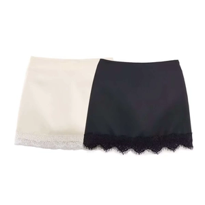 Elegant Satin Mini Skirt With Lace Hem Patchwork High Waist A-Line Short Skirt For Women Summer Party Daily Bottoms