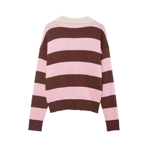 Close-up of knit sweater texture with pink and brown stripes and a contrast polo collar