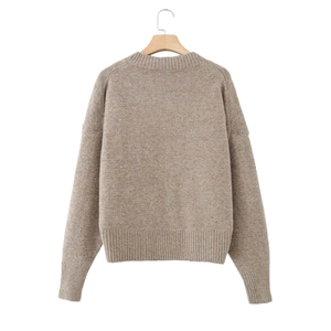 Women's loose-fit V-neck knit sweater in light coffee brown with ribbed cuffs and hem