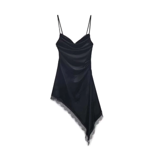 Robe Cami en Velours Asymétrique Sexy pour Femme Élégante avec Dentelle Sans Manches Col en V Profond Bodycon Fête Nuit Robe Midi