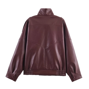 Back view of burgundy faux leather jacket featuring vintage lychee texture and V-shaped seams