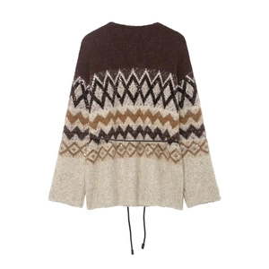 Women's autumn jacquard knit cardigan with sequins and black waist belt on white background