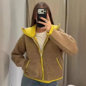 Women Casual Lamb Wool Fleece Jacket Contrast Color Block Zipper Stand Collar Short Outerwear Winter Coat Streetwear