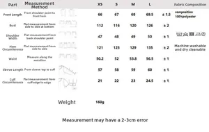 Detailed size chart for V-neck bow long sleeve blouse with 100% polyester fabric info