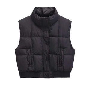 Women Casual Quilted Puffer Vest Stand Collar Zip Up Padded Waistcoat With Pockets Black Short Loose Winter Outerwear