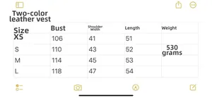 Size chart for faux leather vest with measurements for XS, S, M, and L sizes