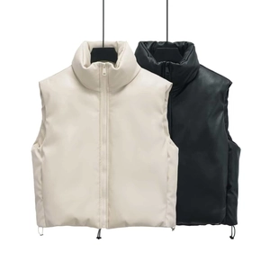 Women's PU Leather Puffer Vest Stand Collar Sleeveless Zipper Cropped Waistcoat Casual Winter Warm Padded Outerwear