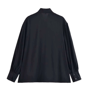 Elegant black V-neck long sleeve shirt for women featuring a minimalist back view and pleated shoulders