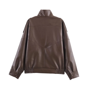 Detail view of V-shaped back stitching and lychee texture on dark brown leather jacket
