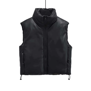 Minimalist black faux leather puffer vest with high neck and adjustable hem drawstring