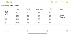 Detailed size chart for hooded winter long coat featuring XS to L measurement table