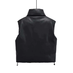 Minimalist black puffer vest with stand collar and adjustable drawstring back view