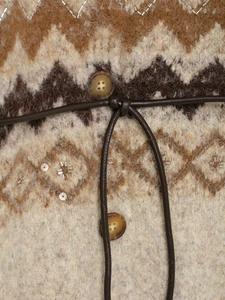 Close-up of knit cardigan featuring bohemian jacquard patterns, sequins and beads