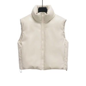 Minimalist beige faux leather sleeveless vest with stand collar and drawstring hem