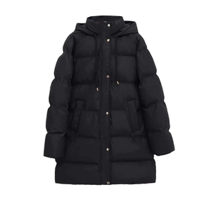 Women's minimalist black long hooded parka with gold buttons and quilted design