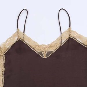 Dark brown satin camisole with beige lace trim and adjustable thin shoulder straps