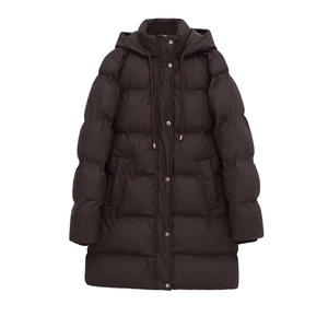 Deep brown long hooded quilted puffer coat with gold metallic snaps and drawstring details