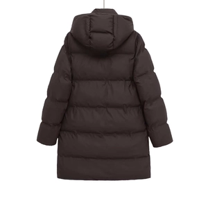 Back view of a long hooded padded coat in dark coffee brown with horizontal quilting