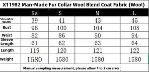 Detailed size chart for the faux fur collar wool blend long coat with specific measurements