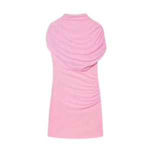 Pink sleeveless cowl neck dress with elegant ruching detail and slim-fit silhouette