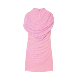 Pink sleeveless ruched dress with draped neckline and slimming bodycon silhouette