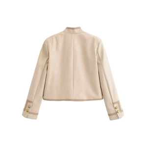 Short vintage jacket for women with mandarin collar and elegant brown piping detail in beige