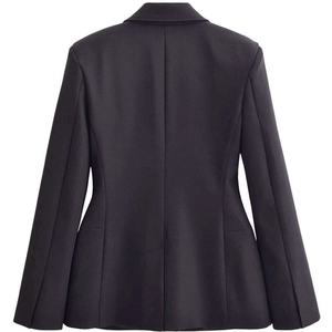 Slim fit black formal blazer for women shown from the back with sleek tailored details
