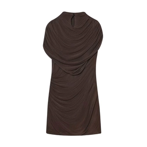 Detailed close-up of dark brown cowl neck and pleated ruching on sleeveless dress