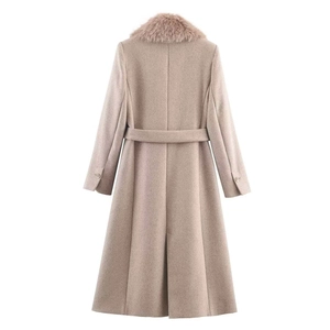 Detailed back view of a long camel wool coat featuring a fur collar and waist belt