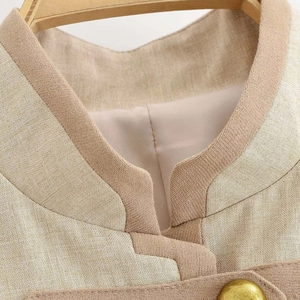 Beige retro blazer for women featuring texture linen fabric and vintage button closure