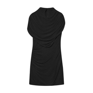 Close-up of elegant black sleeveless ruched dress with keyhole back and draped texture