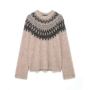Damen Vintage Fair Isle Strickpullover Retro Langarm Rundhalsausschnitt Haferflocken Jacquard Mohair Textur Casual Oberteil