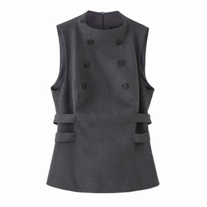 Elegante Gilet da Donna con Doppiopetto Senza Maniche Grigio Scuro Girocollo Ritaglio Laterale Gilet Con Cerniera Nascosta Sul Retro Top