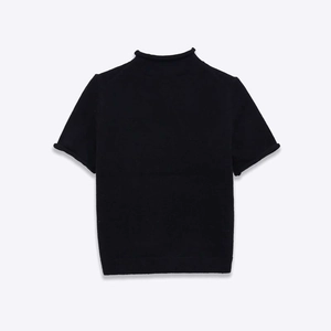 Classic black short sleeve knit top with mock neck design and ribbed texture detailing