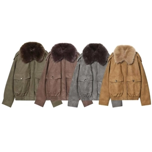 Damen Wildlederjacke Mit Großem Kunstpelzkragen Lockere Passform Cargo-Stil Mittellanger Warmer Outdoormantel Herbst Winter Tops