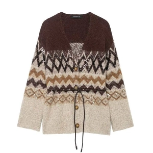 Vintage Jacquard Knit Cardigan With Sequins And Belt V Neck Long Sleeve Geometric Pattern Women Bohemian Sweater Jacket