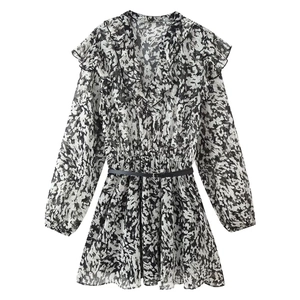 Women Elegant Abstract Ink Wash Print Ruffle V-Neck Mini Dress With Belt Long Sleeve Chiffon A-Line Party Dress