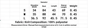 Size chart table for women's knit sweater with measurements for S, M, and L sizes