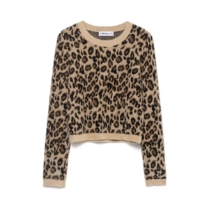 Women's Leopard Print Round Neck Long Sleeve Knit Sweater Faux Mink Fur Plush Loose Casual Autumn Short Jumper Top